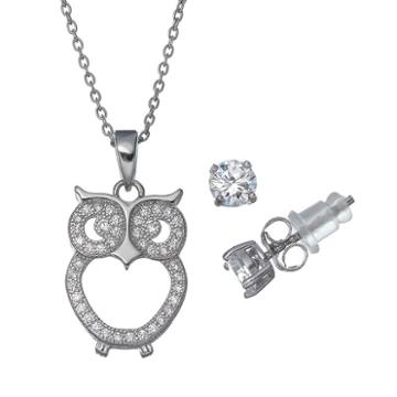 Pure 925 Cubic Zirconia Sterling Silver Owl Pendant Necklace & Stud Earring Set, Women's, Grey