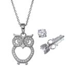 Pure 925 Cubic Zirconia Sterling Silver Owl Pendant Necklace & Stud Earring Set, Women's, Grey