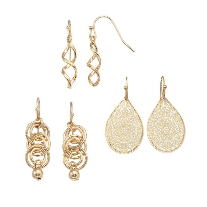 Twist, Hoop & Filigree Drop & Teardrop Earring Set, Women's, Gold