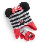 Disney's Minnie Mouse Toddler Girl 3d Pom Ears Striped Trapper Hat & Mittens Set, Oxford