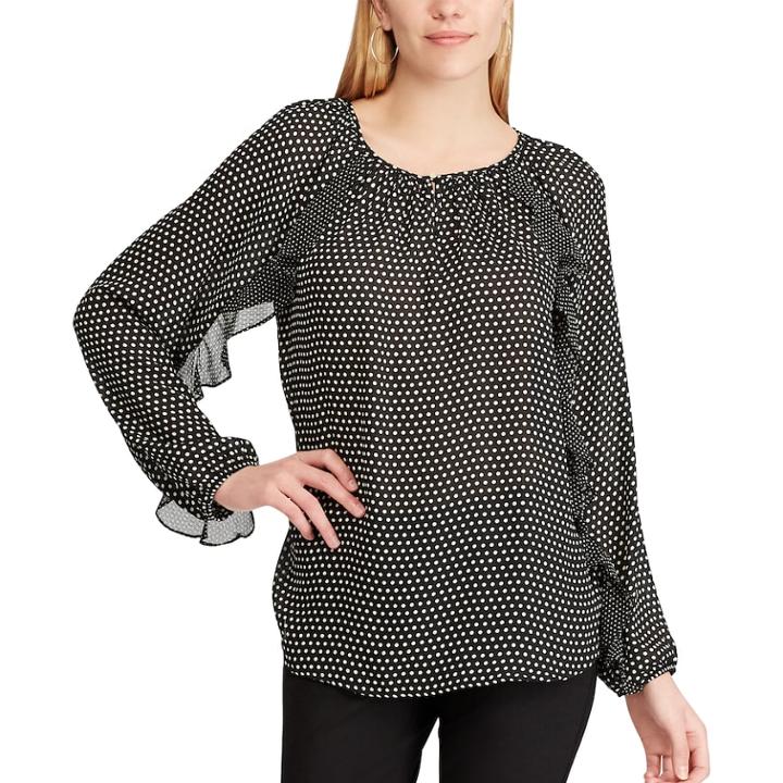 Women's Chaps Ruffle Satin Peasant Top, Size: Medium, Black