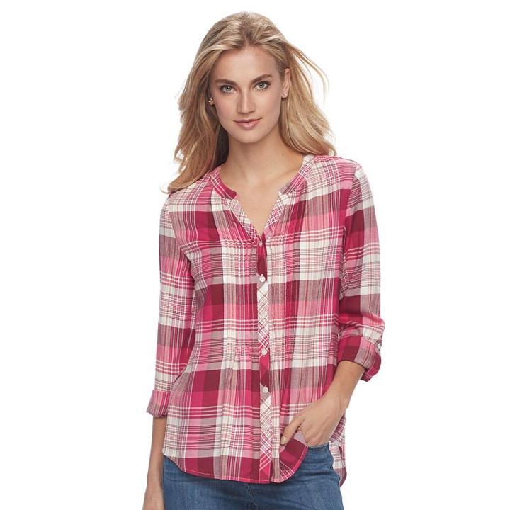 Women's Croft & Barrow&reg; Plaid Pintuck Shirt, Size: Large, Red