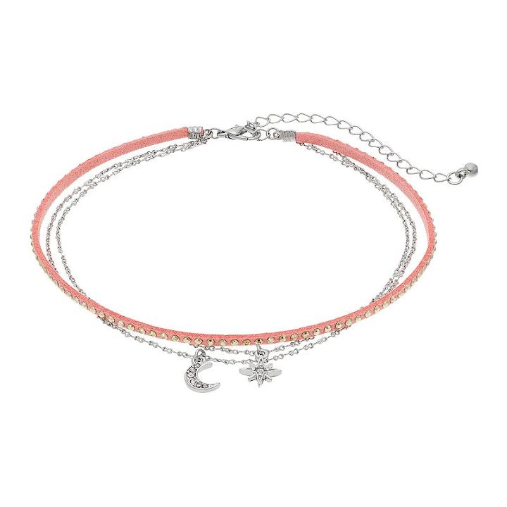 Mudd&reg; Pink Studded Cord & Celestial Charm Choker Necklace, Women's, Silver