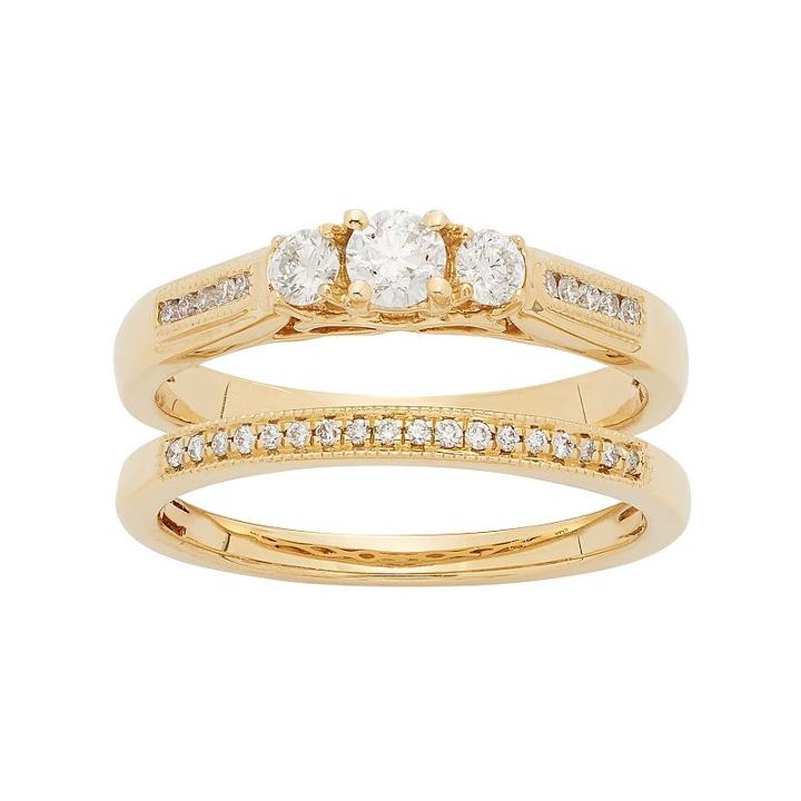 14k Gold 1/2 Carat T.w. Igl Certified Diamond 3-stone Engagement Ring Set, Women's, Size: 6, White