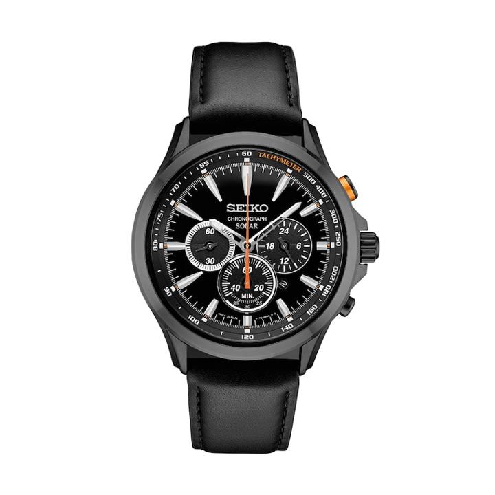 Seiko Men's Leather Chronograph Solar Watch - Ssc639, Size: Large, Black
