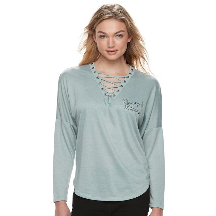 Juniors' About A Girl Lace-up Desert Dreamin Tee, Size: Medium, Lt Green