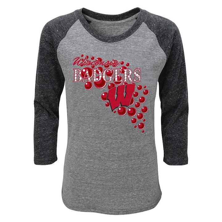Girls 4-6x Wisconsin Badgers Raglan Tee, Size: M(5/6), Med Grey