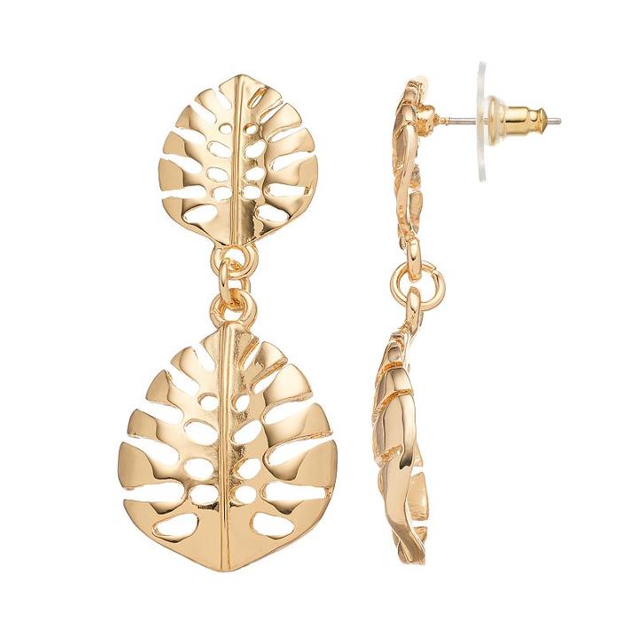 Double Leaf Drop Earrings, Women's, Gold