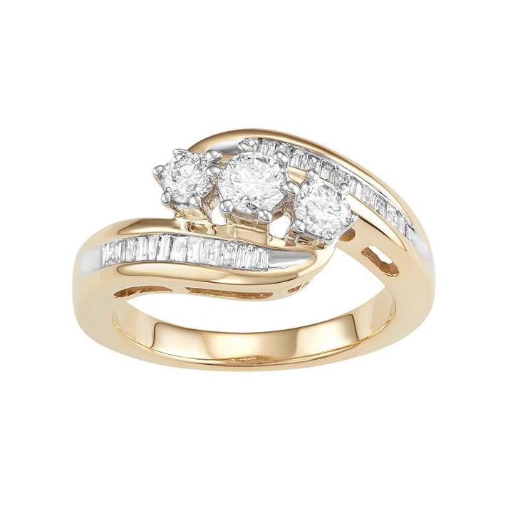 10k Gold 1 Carat T.w. Diamond 3-stone Bypass Ring, Women's, Size: 9, White
