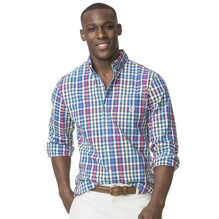 Men's Chaps Classic-fit Gingham Checked Easy-care Poplin Button-down Shirt, Size: Small, Blue