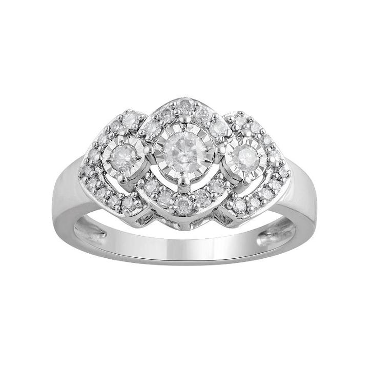 10k White Gold 1/2 Carat T.w. Diamond 3-stone Halo Ring, Women's, Size: 6