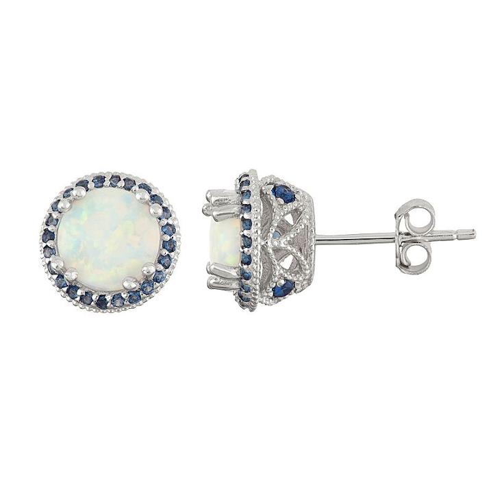 Sterling Silver Simulated Opal & Lab-created Sapphire Halo Stud Earrings, Women's, White