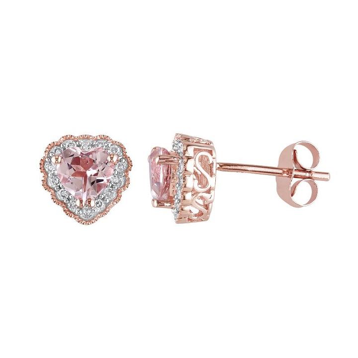 Morganite And 1/10 Carat T.w. Diamond 10k Rose Gold Heart Stud Earrings, Women's, Pink