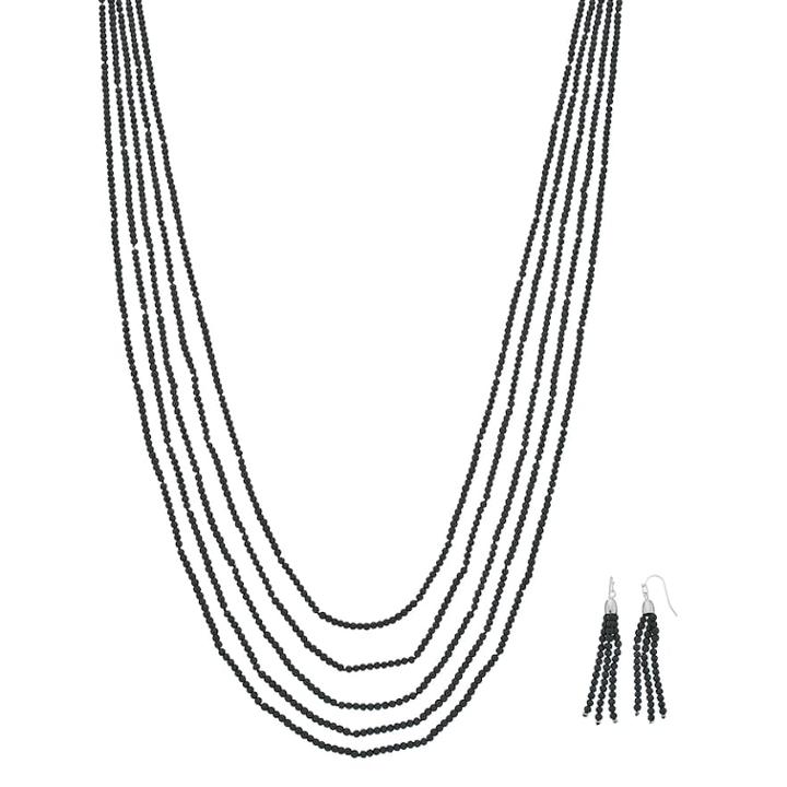 Long Black Beaded Multi Strand Necklace & Tassel Earring Set, Women's