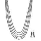 Long Black Beaded Multi Strand Necklace & Tassel Earring Set, Women's