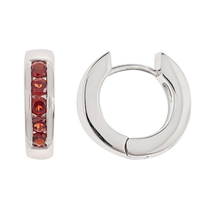 Sterling Silver Garnet Hinged Hoop Earrings, Women's, Red