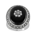 Lavish By Tjm Sterling Silver Onyx Flower Ring - Made With Swarovski Marcasite, Women's, Size: 8, Black