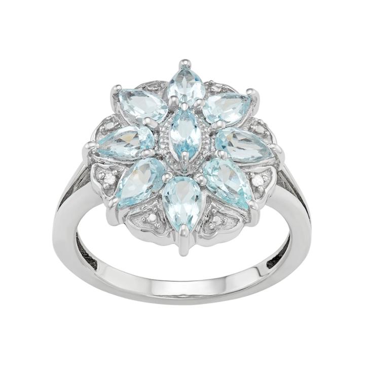 Sterling Silver Aquamarine & Diamond Accent Flower Ring, Women's, Size: 6, White