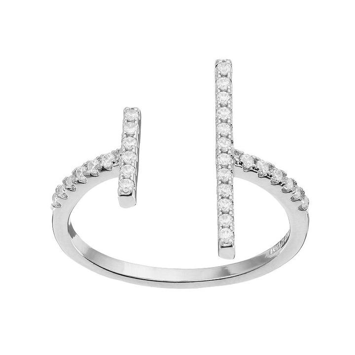 Fleur Silver Tone Cubic Zirconia Double Bar Open Ring, Women's, Size: 8, Grey