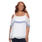 Plus Size Design 365 Embroidered Cold-shoulder Top, Women's, Size: 2xl, White
