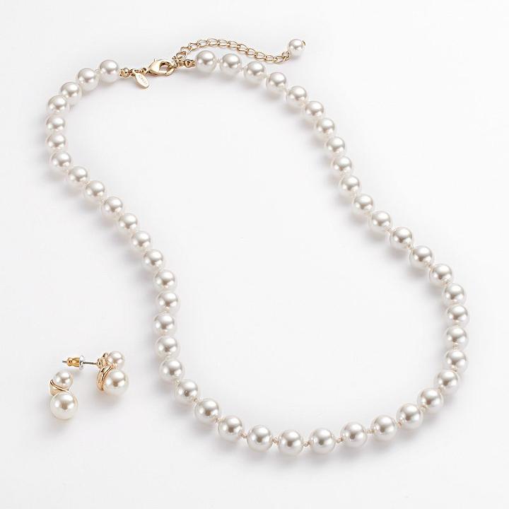 Croft & Barrow&reg; Gold Tone Simulated Pearl Necklace And Stud Earring Set, Women's, Multicolor
