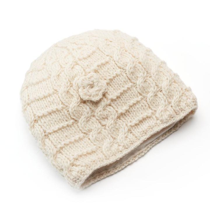 Sijjl Women's Cable-knit Floral Wool Beanie, White
