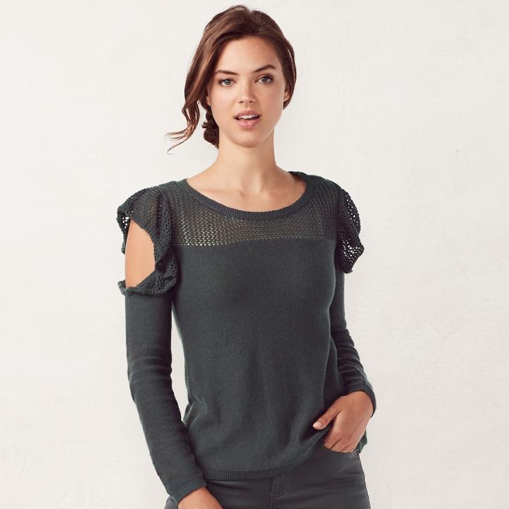 Women's Lc Lauren Conrad Ruffle Cold-shoulder Crewneck Sweater, Size: Xxl, Grey