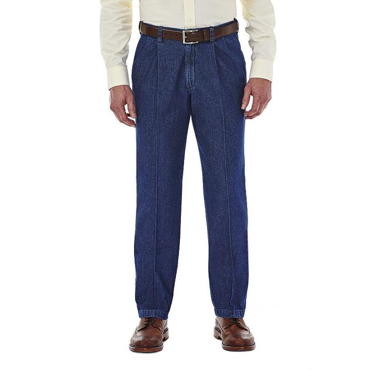 Men's Haggar&reg; Work To Weekend&reg; Classic-fit Pleated Denim Pants, Size: 34x32, Dark Blue
