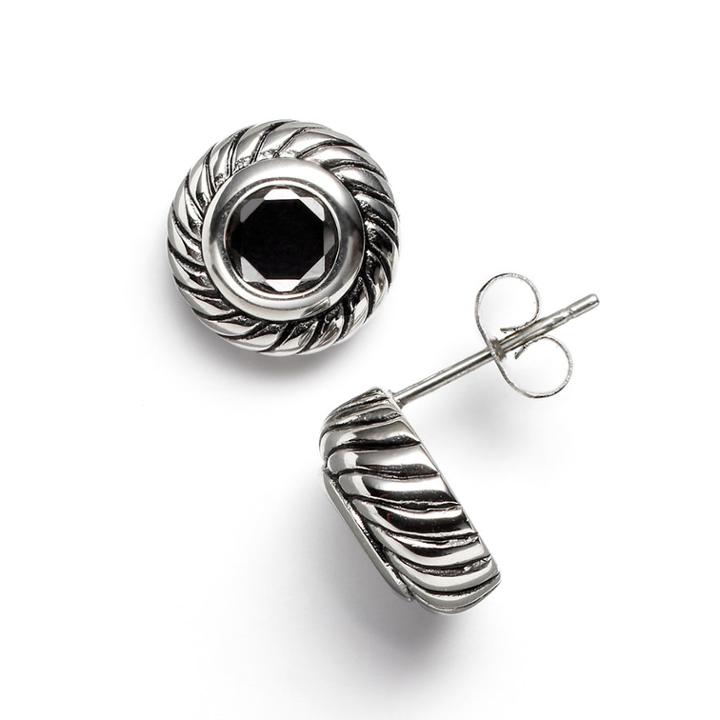 Kate Markus Stainless Steel Black Cubic Zirconia Textured Frame Stud Earrings, Women's, White