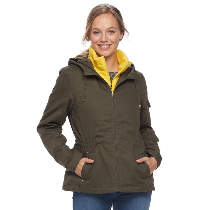 Women's D.e.t.a.i.l.s Hooded Anorak Jacket & Puffer Vest Set, Size: Medium, Med Green