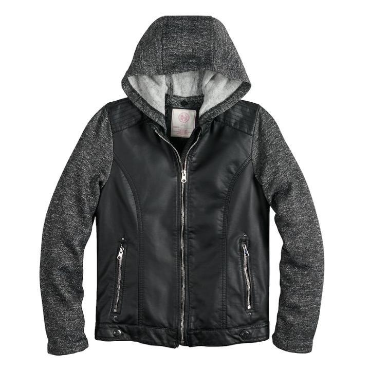 Girls 7-16 So&reg; Faux-leather Moto Hooded Lightweight Jacket, Size: 10-12, Black