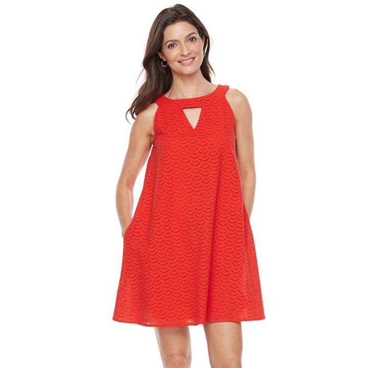 Women's Hope & Harlow Sleeveless Halter Strap Eyelet Dress, Size: 14, Red