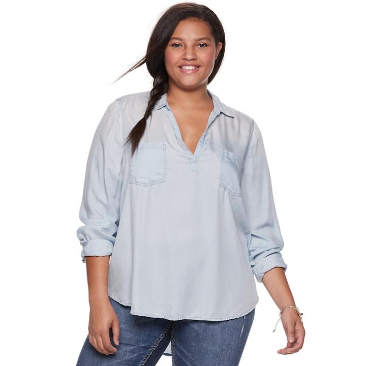 Juniors' Plus Size Mudd&reg; Chambray Popover Tunic, Teens, Size: 2xl, Light Blue