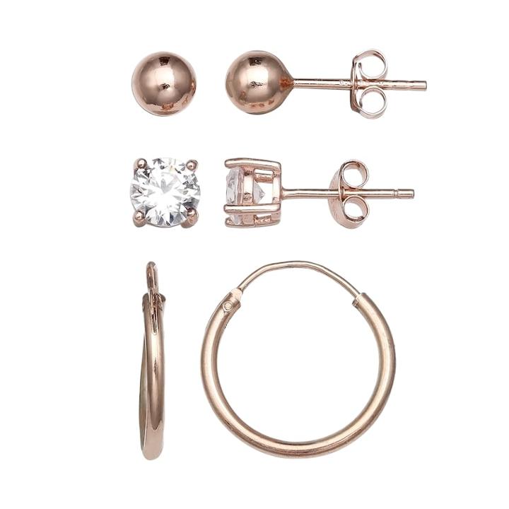 Primrose Rose Gold Tone Sterling Silver Cubic Zirconia Stud, Ball & Hoop Earring Set, Women's, White