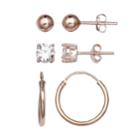 Primrose Rose Gold Tone Sterling Silver Cubic Zirconia Stud, Ball & Hoop Earring Set, Women's, White