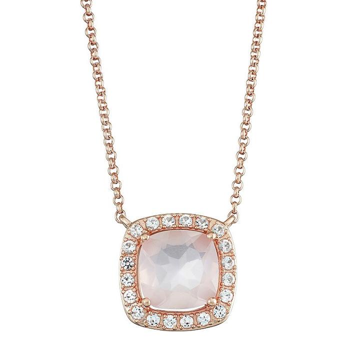 14k Rose Gold Over Silver Rose Quartz & Lab-created White Sapphire Halo Necklace, Women's, Size: 18