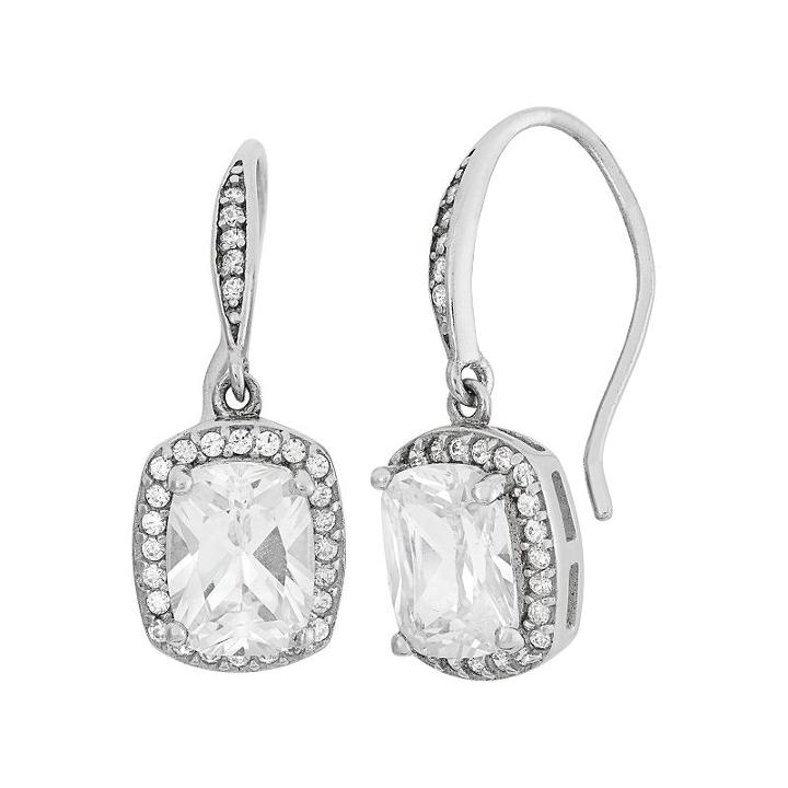 Sterling Silver Cubic Zirconia Halo Drop Earrings, Women's, White