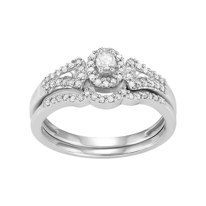 10k White Gold 1/4 Carat T.w. Diamond Halo Engagement Ring Set, Women's, Size: 7