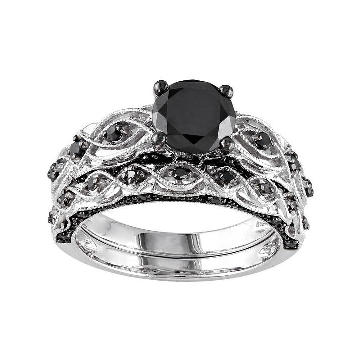 10k White Gold 1 3/8 Carat T.w. Black Diamond Swirl Engagement Ring Set, Women's, Size: 6