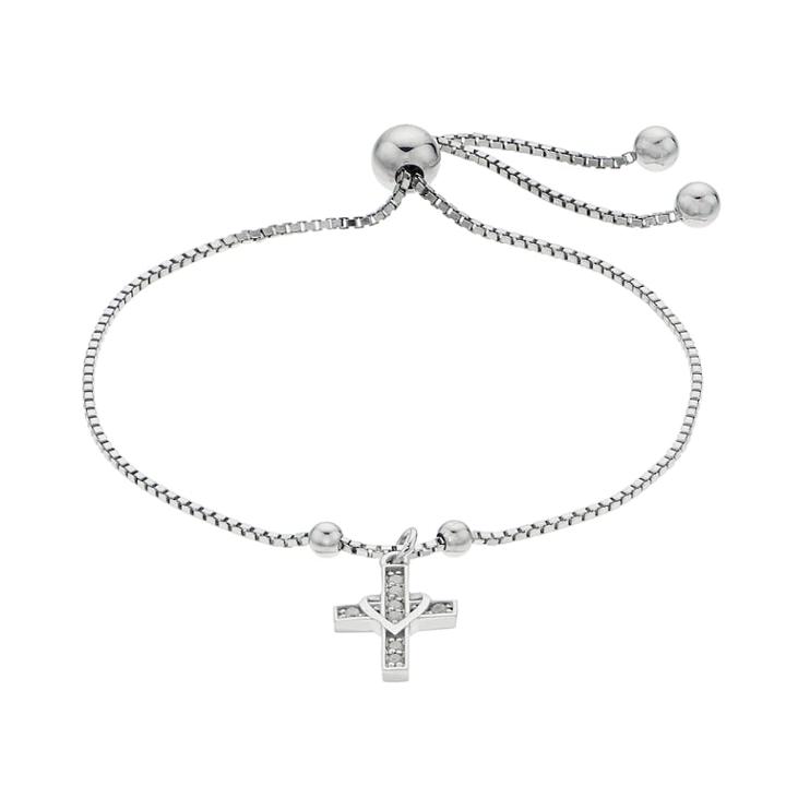 Sterling Silver Diamond Accent Cross Bolo Bracelet, Women's, White