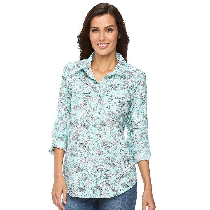 Petite Croft & Barrow&reg; Roll-tab Shirt, Women's, Size: Xl Petite, Turquoise/blue (turq/aqua)