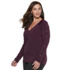Plus Size Jennifer Lopez Snap Sleeve V-neck Top, Women's, Size: 0x, Drk Purple