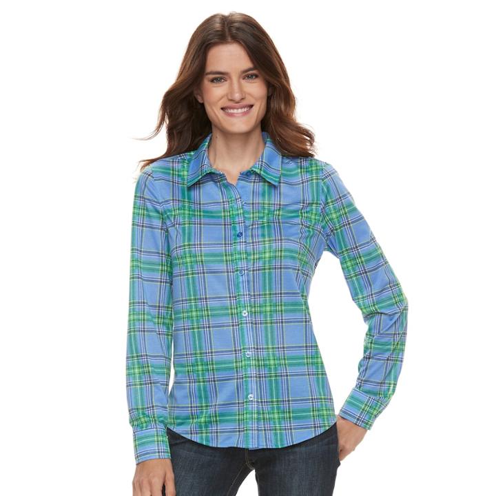 Women's Caribbean Joe Plaid Button Front Shirt, Size: Large, Blue