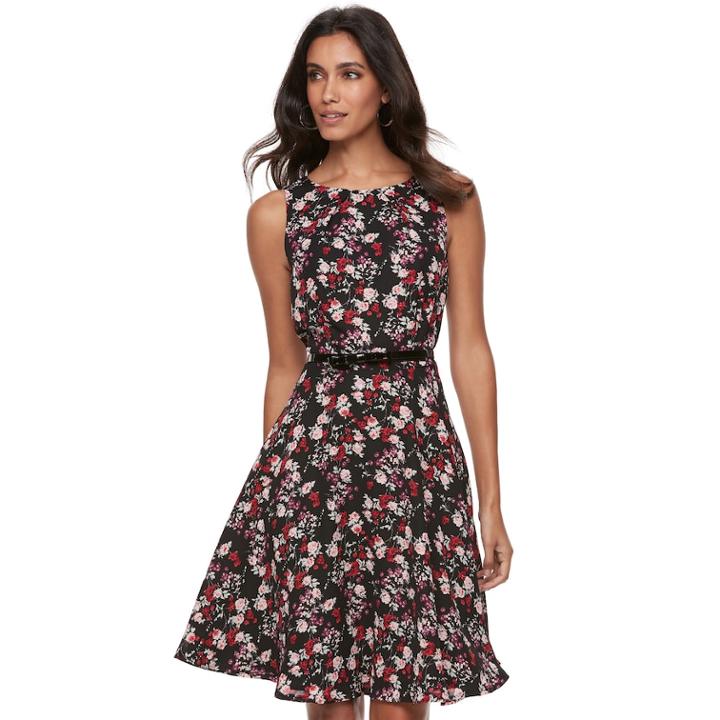 Women's Elle™ Floral Fit & Flare Dress, Size: 6, Black