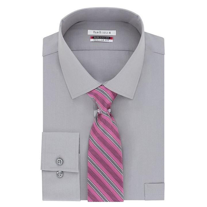 Men's Van Heusen Regular-fit Flex Collar Dress Shirt & Tie, Size: L-36/37, Med Grey