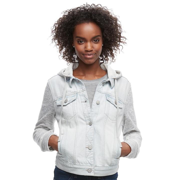 Juniors' Mudd&reg; Knit Sleeve Hood Jean Jacket, Teens, Size: Large, Blue