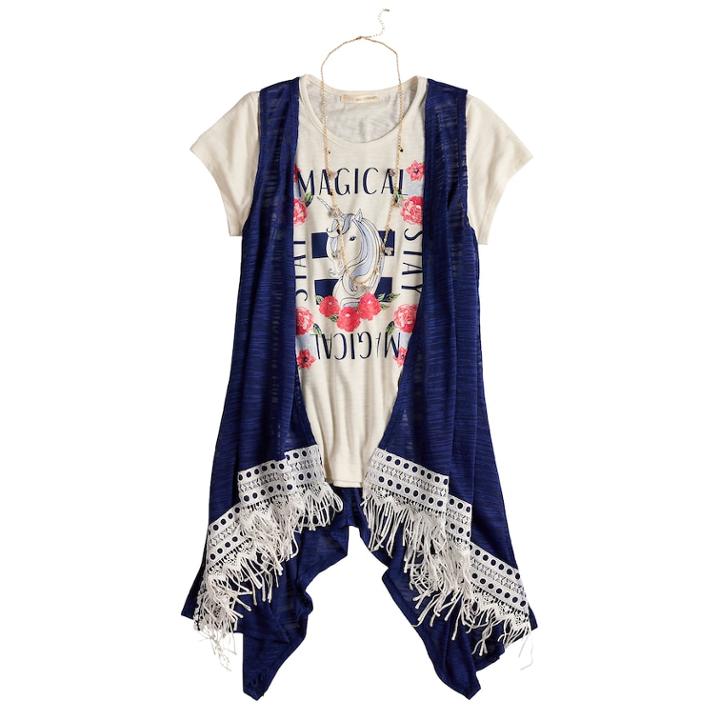 Girls 7-16 & Plus Size Self Esteem Graphic Tee Set With Vest & Necklace, Size: Large, Blue