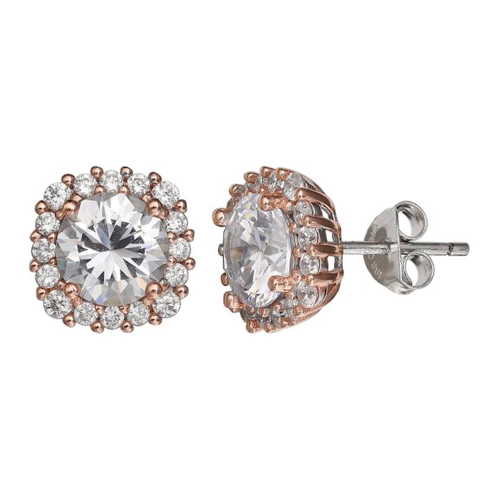 Primrose 18k Rose Gold Over Silver Cubic Zirconia Cushion Halo Stud Earrings, Women's, White