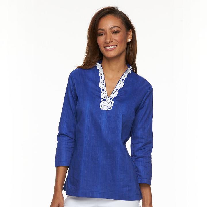 Women's Caribbean Joe Crochet Splitneck Top, Size: Medium, Blue Other