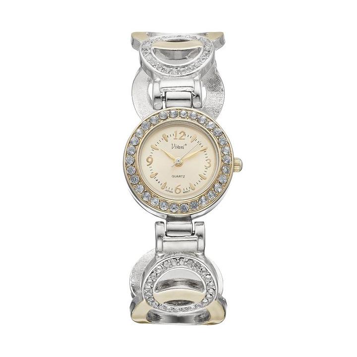 Vivani Women's Crystal Two Tone Round Link Cuff Watch, Size: Small, Multicolor